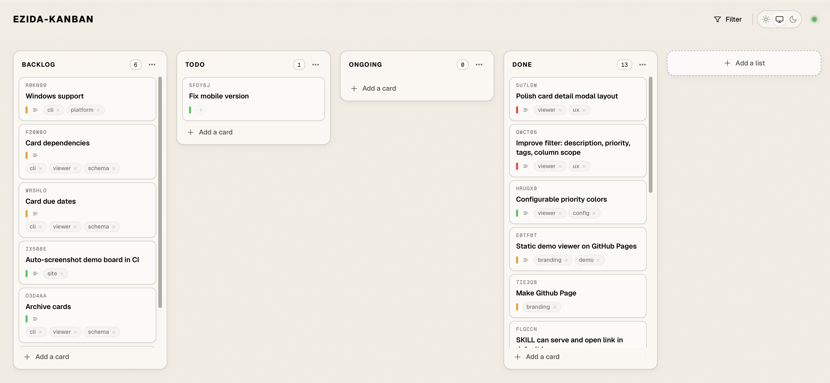 Screenshot of the Ezida web UI: four columns (BACKLOG, TODO, ONGOING, DONE) with cards showing tasks and priority tags.